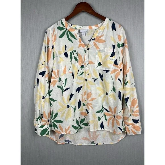 Liz Claiborne Linen Blend Tunic TopSplit Neck Colorful Floral Roll Tab Sleeves L - Picture 2 of 10
